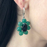 Large Flower Earrings, Created Emerald, Retro Earrings, Statement Earrings, Heavy Earrings, Long Green Earrings, Solid Silver Earrings, Onyx