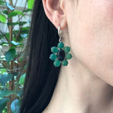 Large Flower Earrings, Created Emerald, Retro Earrings, Statement Earrings, Heavy Earrings, Long Green Earrings, Solid Silver Earrings, Onyx