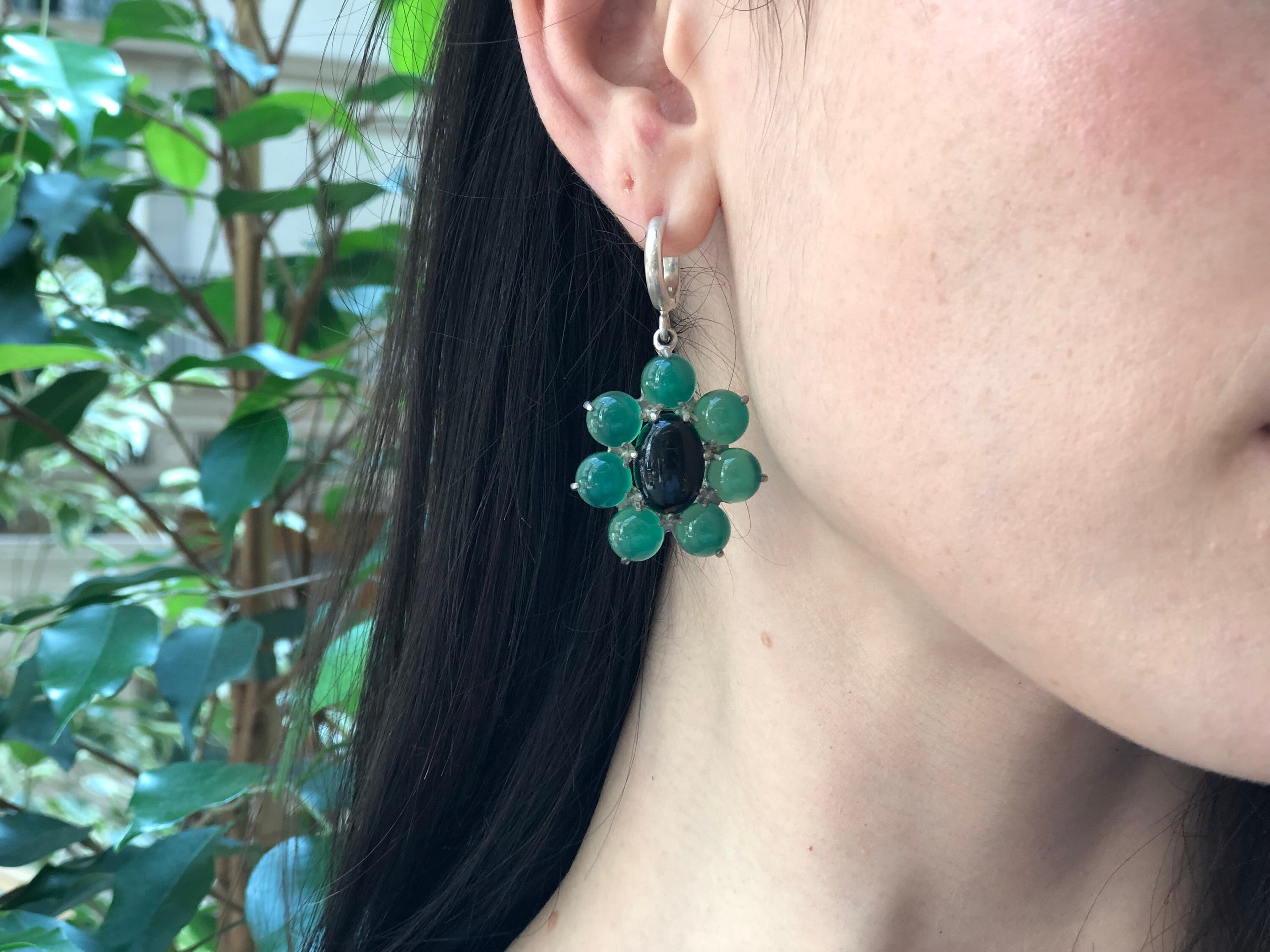 Large Flower Earrings, Created Emerald, Retro Earrings, Statement Earrings, Heavy Earrings, Long Green Earrings, Solid Silver Earrings, Onyx