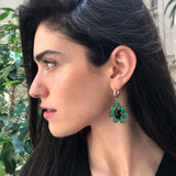 Large Flower Earrings, Created Emerald, Retro Earrings, Statement Earrings, Heavy Earrings, Long Green Earrings, Solid Silver Earrings, Onyx