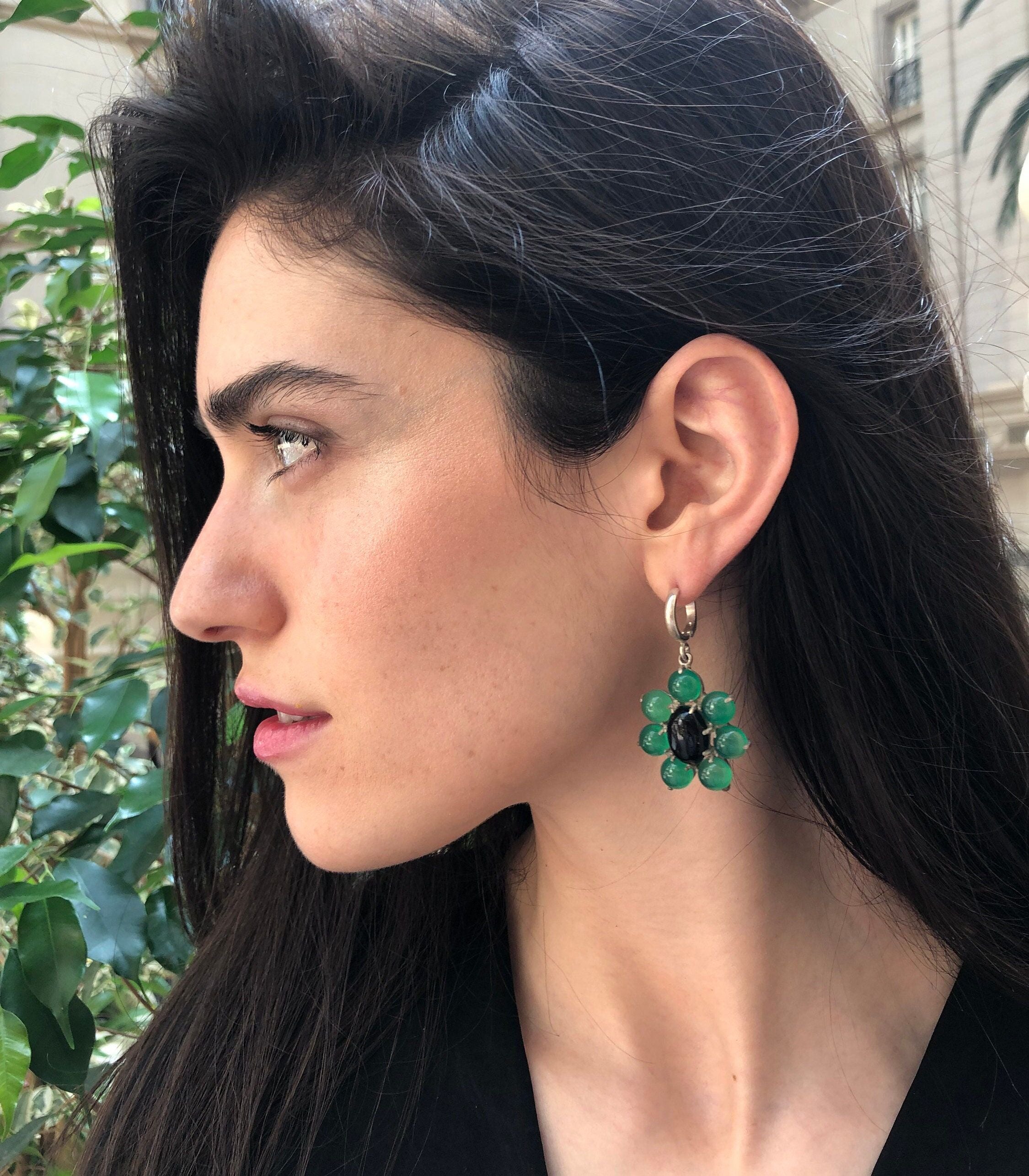 Large Flower Earrings, Created Emerald, Retro Earrings, Statement Earrings, Heavy Earrings, Long Green Earrings, Solid Silver Earrings, Onyx