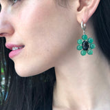 Large Flower Earrings, Created Emerald, Retro Earrings, Statement Earrings, Heavy Earrings, Long Green Earrings, Solid Silver Earrings, Onyx