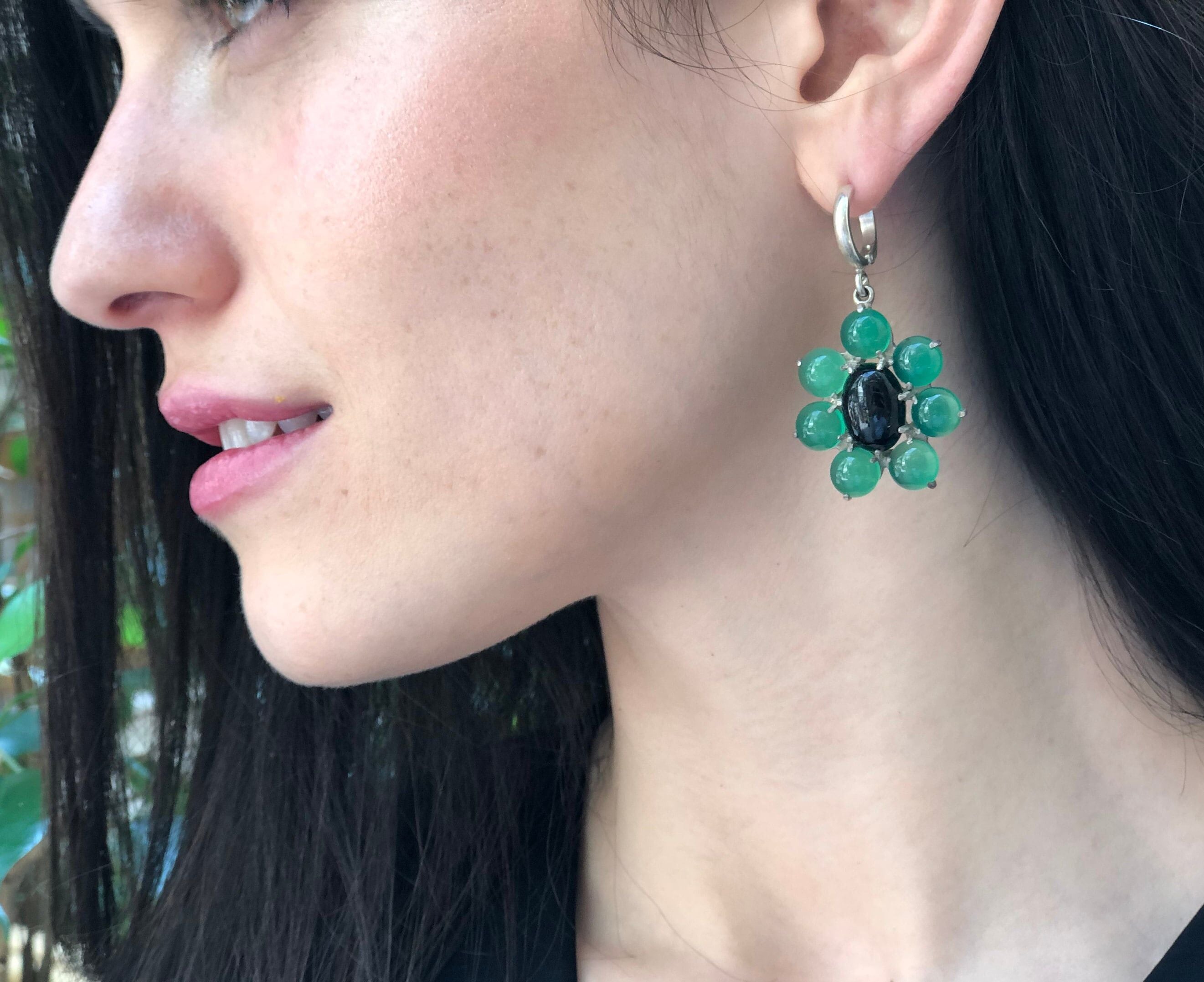 Large Flower Earrings, Created Emerald, Retro Earrings, Statement Earrings, Heavy Earrings, Long Green Earrings, Solid Silver Earrings, Onyx