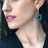 Large Flower Earrings, Created Emerald, Retro Earrings, Statement Earrings, Heavy Earrings, Long Green Earrings, Solid Silver Earrings, Onyx