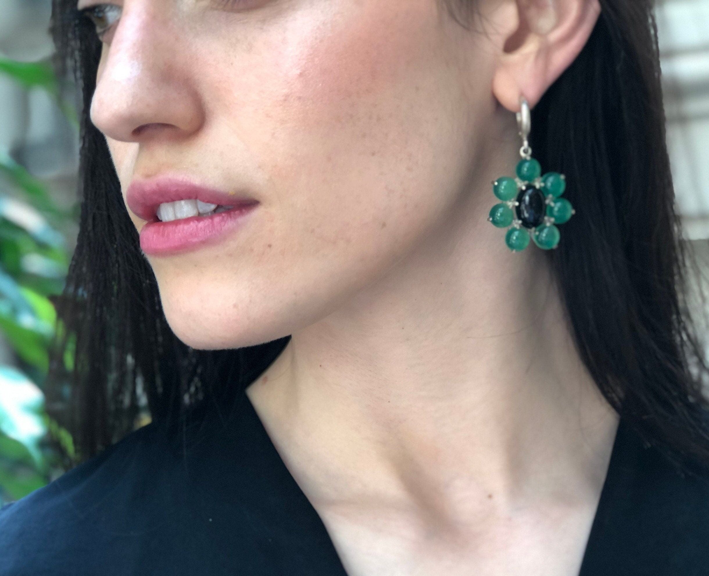 Large Flower Earrings, Created Emerald, Retro Earrings, Statement Earrings, Heavy Earrings, Long Green Earrings, Solid Silver Earrings, Onyx