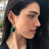 Large Flower Earrings, Created Emerald, Retro Earrings, Statement Earrings, Heavy Earrings, Long Green Earrings, Solid Silver Earrings, Onyx