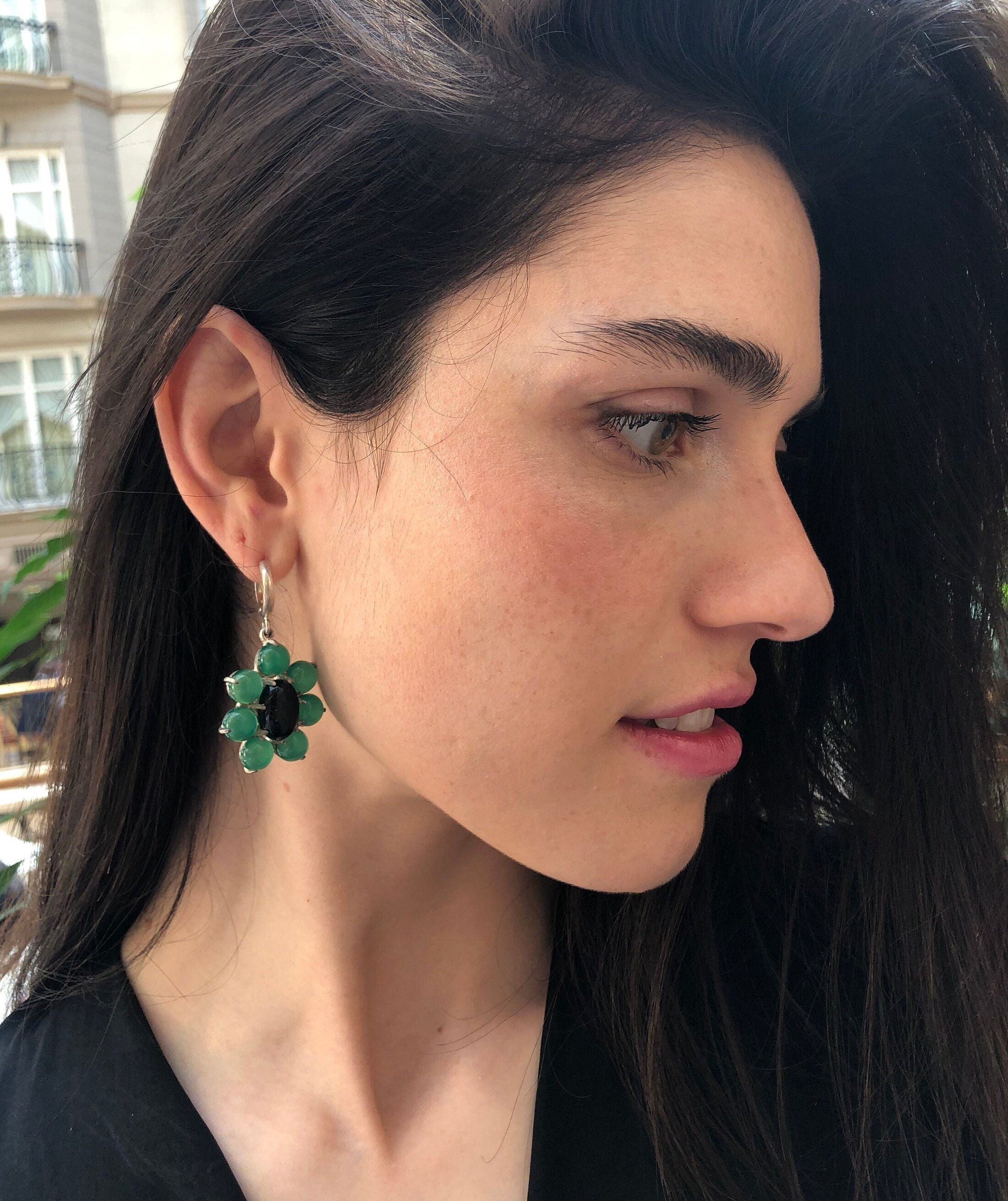 Large Flower Earrings, Created Emerald, Retro Earrings, Statement Earrings, Heavy Earrings, Long Green Earrings, Solid Silver Earrings, Onyx