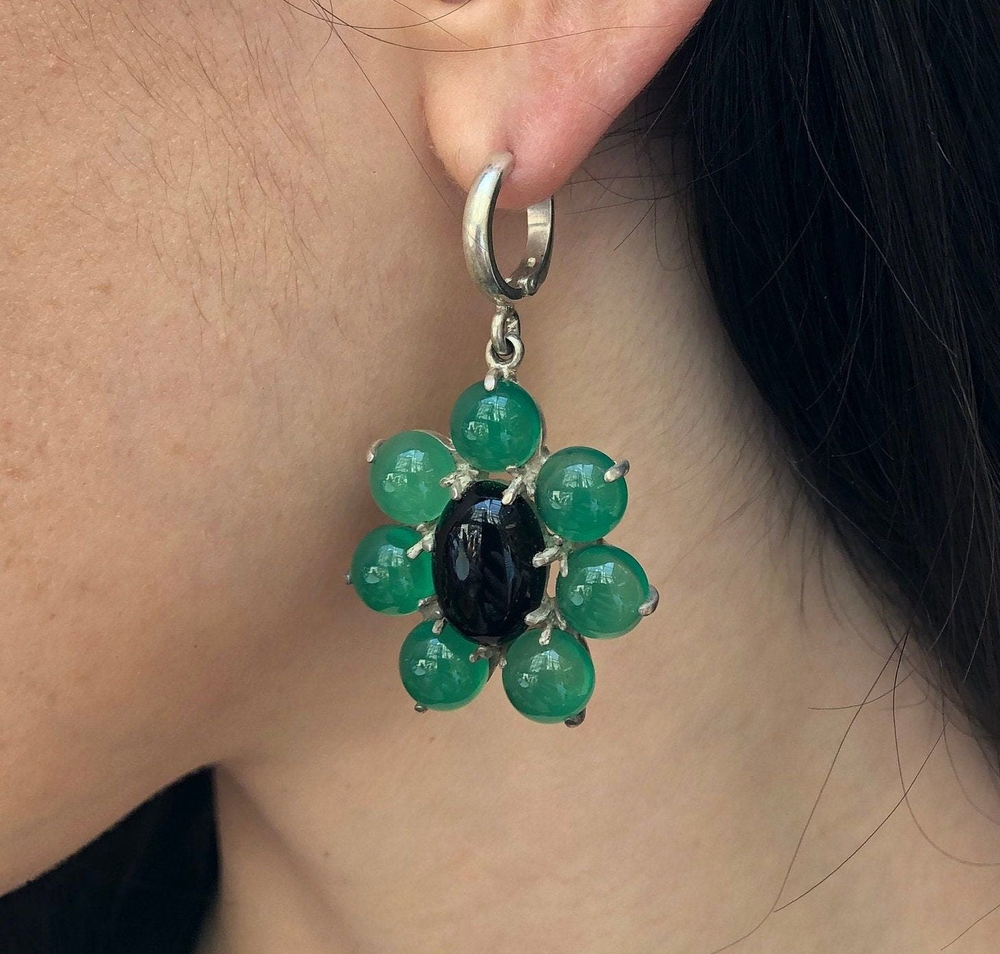 Large Flower Earrings, Created Emerald, Retro Earrings, Statement Earrings, Heavy Earrings, Long Green Earrings, Solid Silver Earrings, Onyx