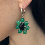 Large Flower Earrings, Created Emerald, Retro Earrings, Statement Earrings, Heavy Earrings, Long Green Earrings, Solid Silver Earrings, Onyx