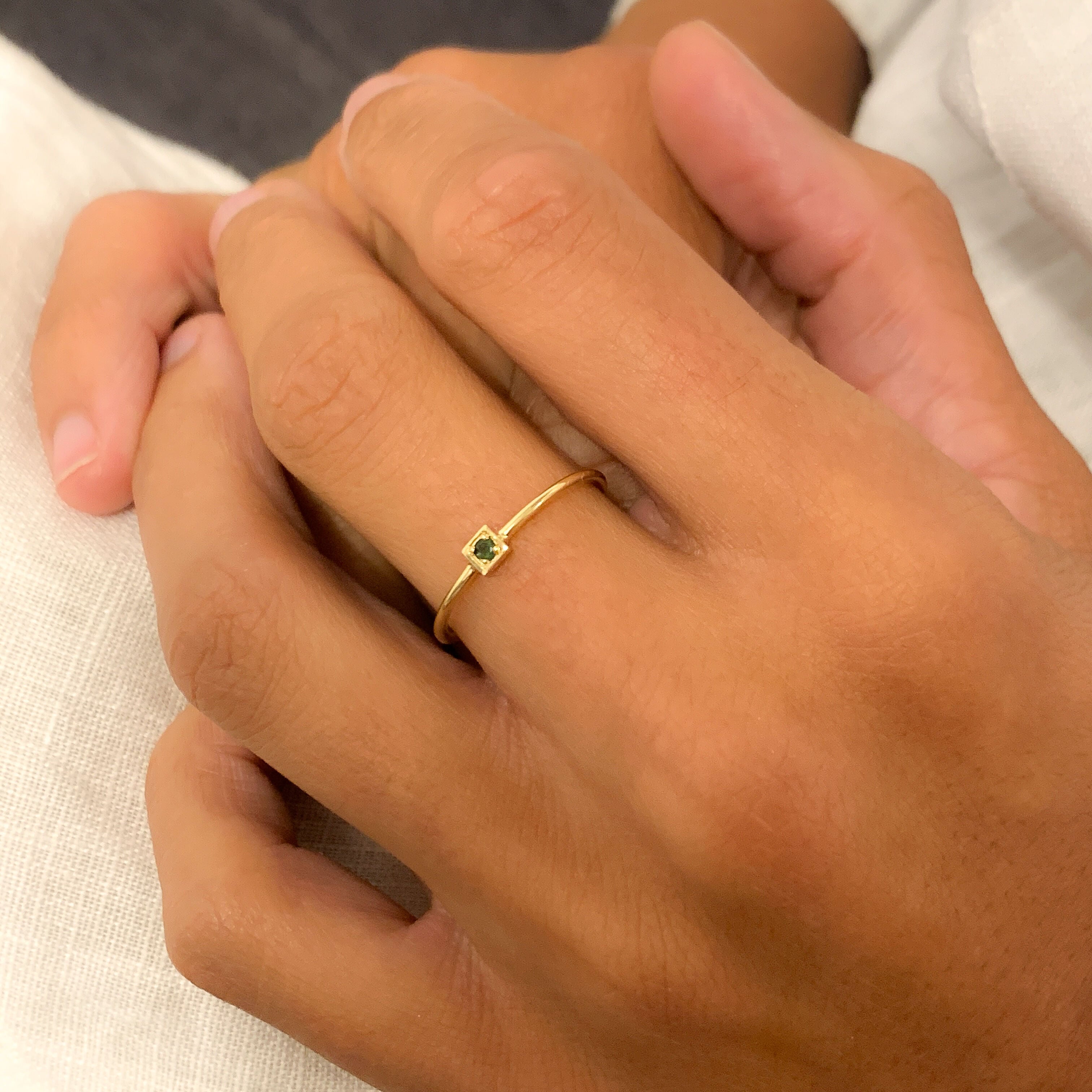 Dainty Natural Emerald Ring in Solid 14k Yellow Gold worn for size reference. May birthstone ring for growth, and harmony, perfect for everyday wear.