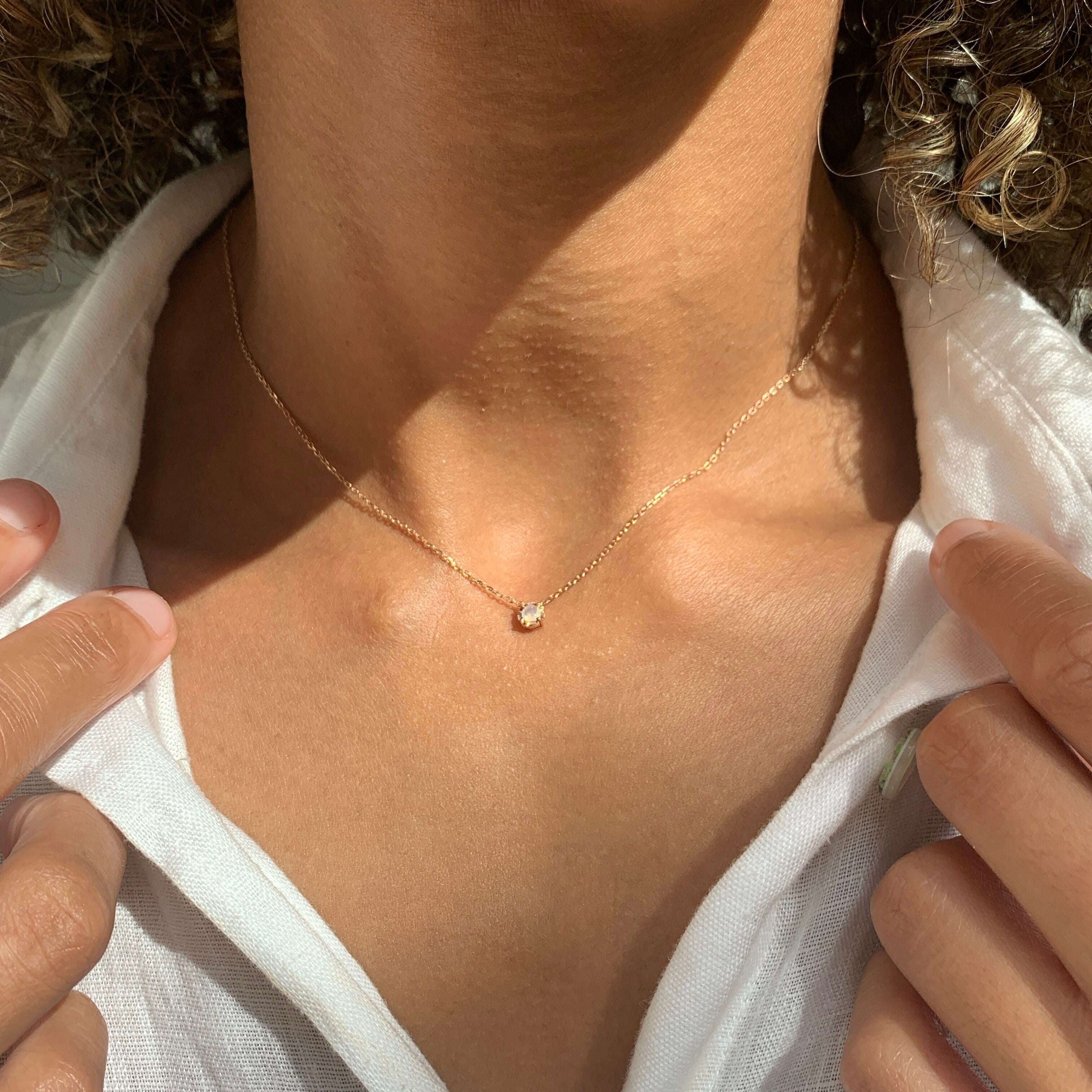 14k Rose Gold Solid Gold Necklace with Round Natural Fire Opal, ideal for October birthdays and special occasions.
