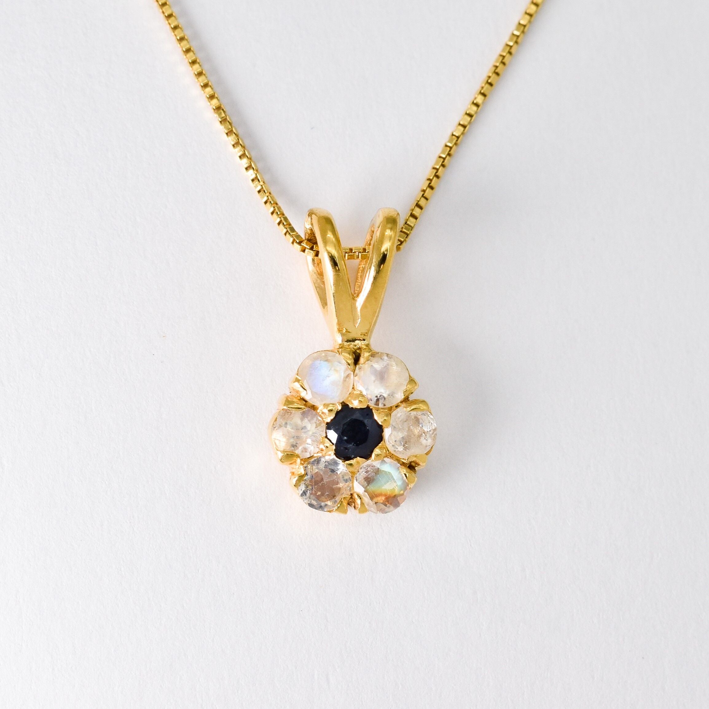 Moonstone Flower Necklace - Gold Moonstone Pendant - Vintage Sapphire Necklace made in 18k Gold Vermeil. Ideal for everyday wear and perfect for birthday gifting and special occasions.