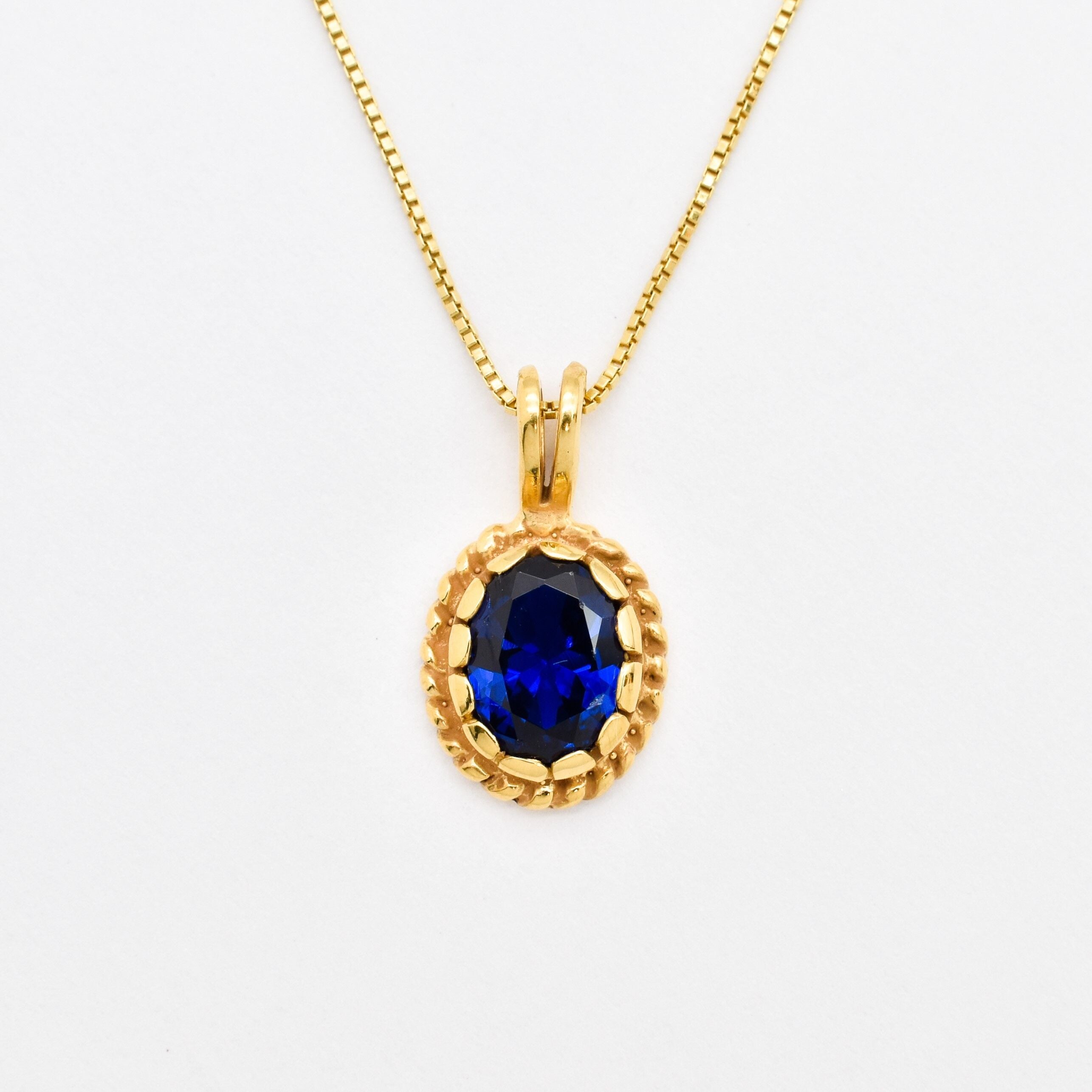 Created Sapphire Pendant made in 18k Gold Vermeil with Oval Created Blue Sapphire in Solitaire setting, September Birthstone gift idea, symbolizes sincerity, truth, and faithfulness, ideal for everyday wear and perfect for birthday gifting and special occasions.