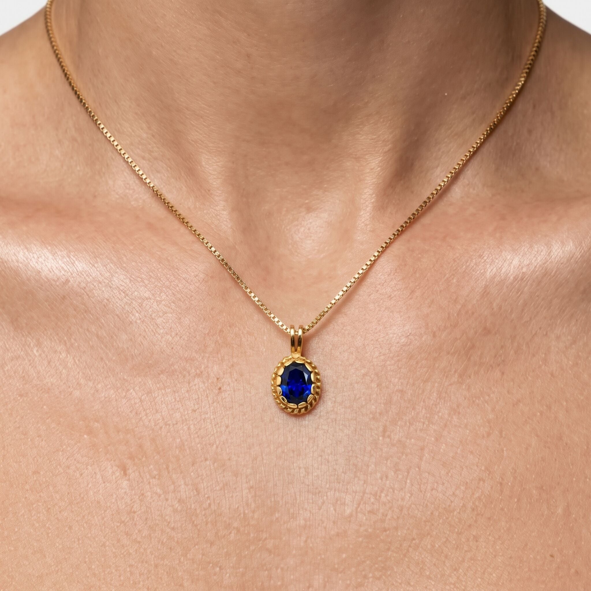 Sapphire Pendant in 18k Gold Vermeil, featuring an Oval Created Blue Sapphire, perfect for September birthdays and special occasions.