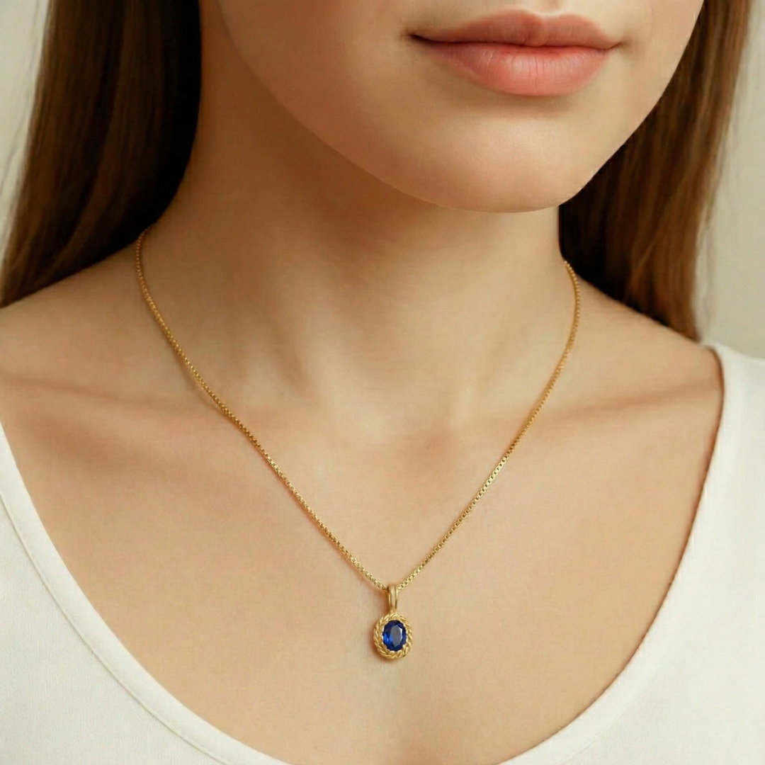 Sapphire Pendant in 18k Gold Vermeil, featuring an Oval Created Blue Sapphire, perfect for September birthdays and special occasions.