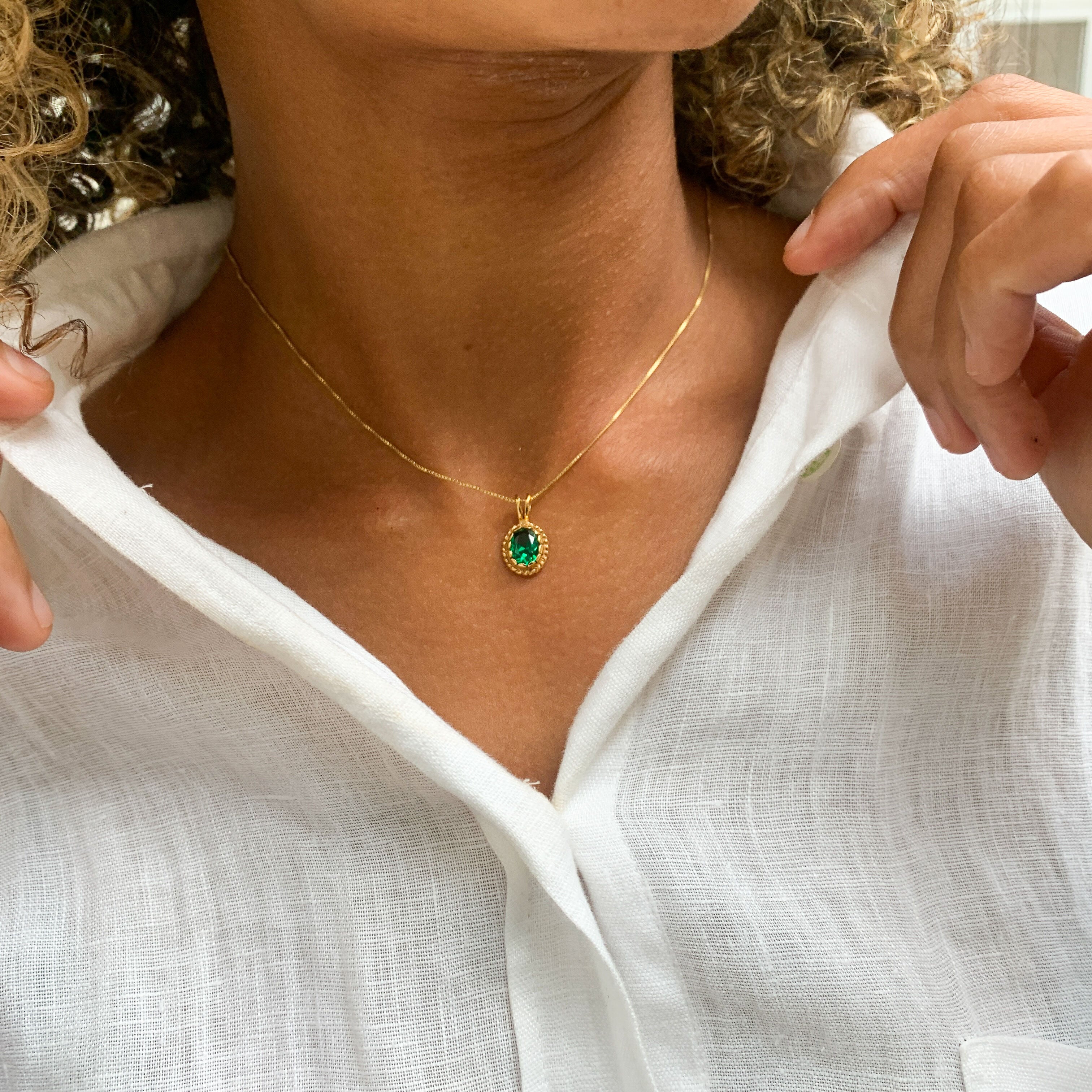 18k Gold Vermeil Emerald Pendant featuring Oval Created Green Emerald, perfect for birthdays and everyday elegance.