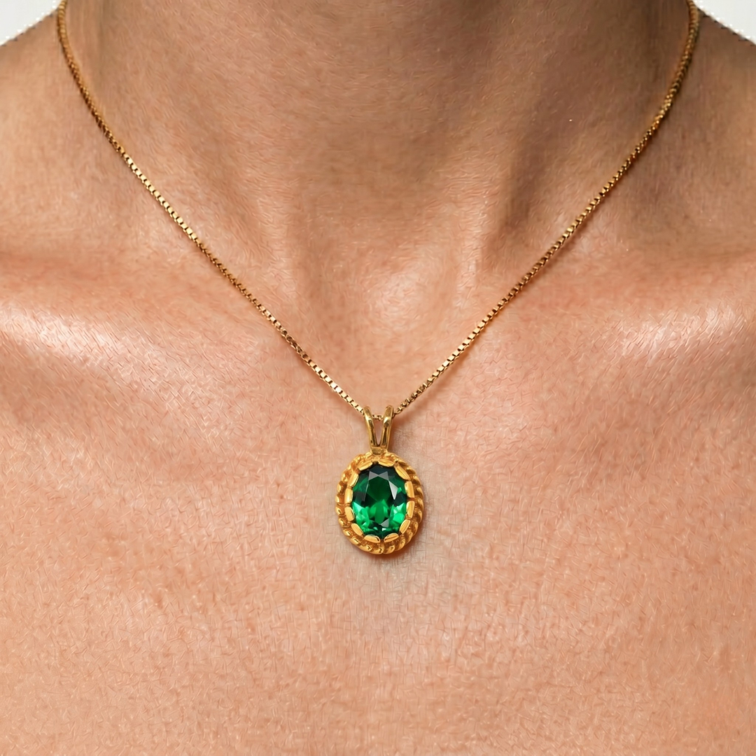 18k Gold Vermeil Emerald Pendant featuring Oval Created Green Emerald, perfect for birthdays and everyday elegance.