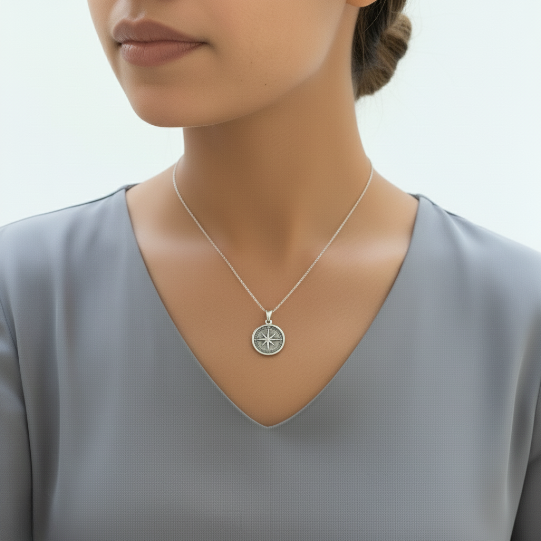 Timeless Silver Compass Necklace with North Star Pendant in 925 Sterling Silver, perfect for daily wear and special gifts.