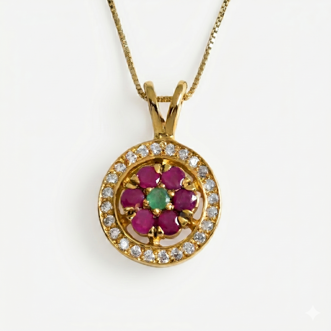 Gold Ruby Pendant - Ruby Flower Necklace - Emerald Cluster Necklace made in 18k Gold Vermeil. Ideal for everyday wear and perfect for birthday gifting and special occasions.