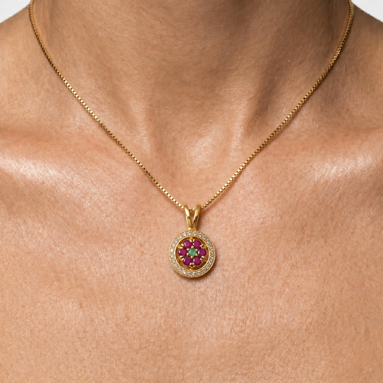 Elegant Ruby Flower Necklace in 18k Gold Vermeil, perfect for everyday elegance and special birthday gifts.