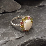Precious Opal Ring, Natural Opal, Victorian Ring, October Birthstone Ring, White Oval Ring, Tourmaline Ring, Vintage Ring, Solid Silver Ring