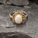 Precious Opal Ring, Natural Opal, Victorian Ring, October Birthstone Ring, White Oval Ring, Tourmaline Ring, Vintage Ring, Solid Silver Ring