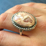 Vintage Rhodochrosite Ring, Real Rhodochrosite, Pink Oval Ring, Silver Statement Ring, Victorian Ring, Bezel Ring, Rare by Adina
