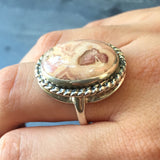 Vintage Rhodochrosite Ring, Real Rhodochrosite, Pink Oval Ring, Silver Statement Ring, Victorian Ring, Bezel Ring, Rare by Adina