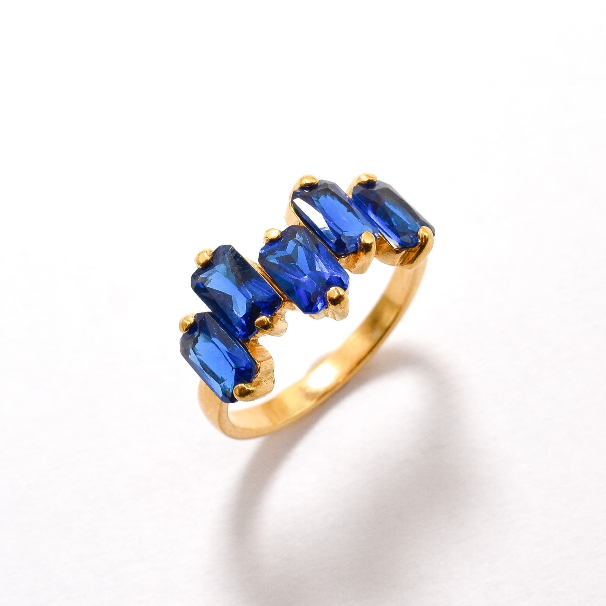 Created Sapphire Ring made in 18k Gold Vermeil with Baguette Created Blue Sapphire in Cluster setting, September Birthstone gift idea, symbolizes sincerity, truth, and faithfulness, ideal for everyday wear and perfect for birthday gifting and special occasions.