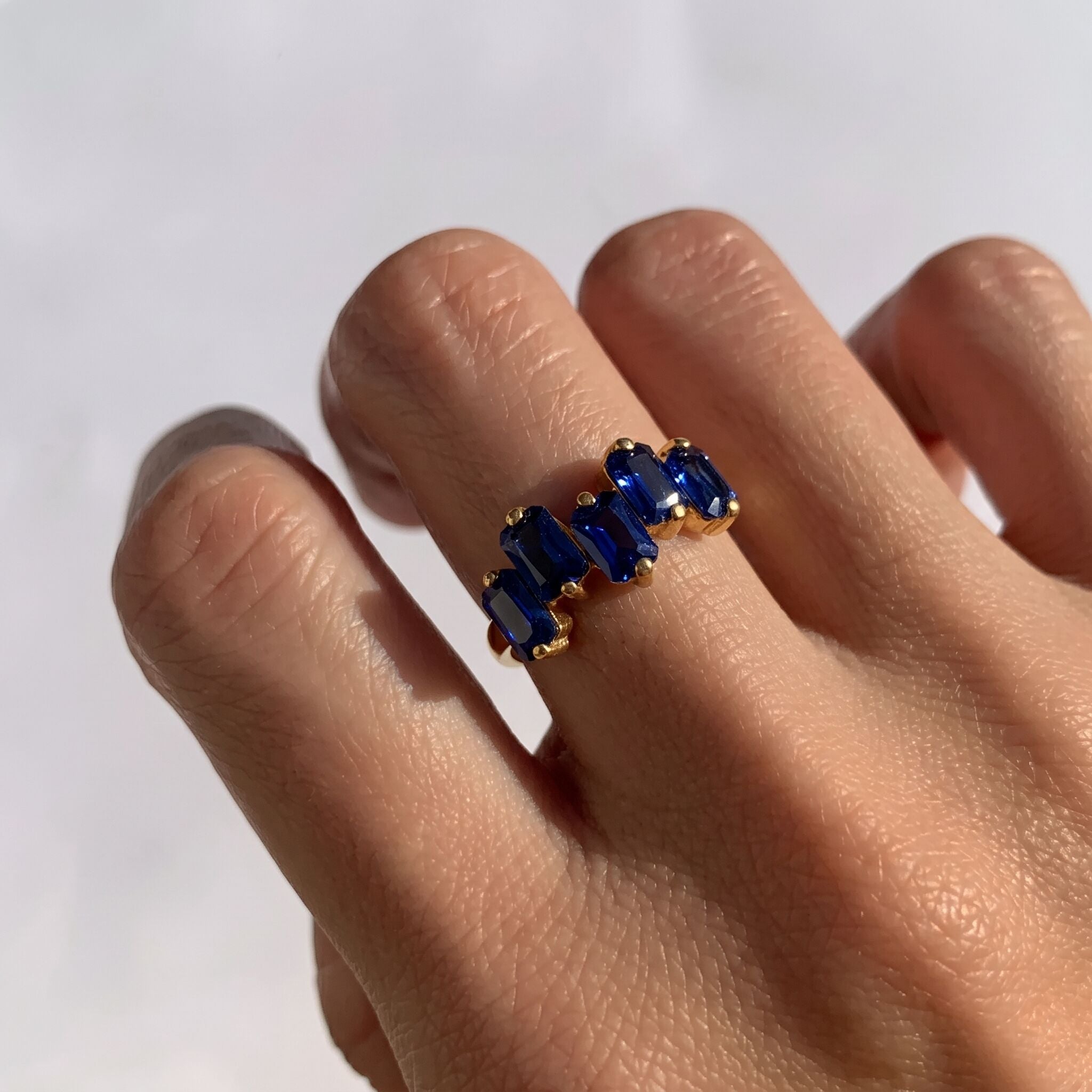 18k Gold Vermeil Cluster Ring featuring Baguette Created Blue Sapphire, September Birthstone gift for sincerity and faithfulness.