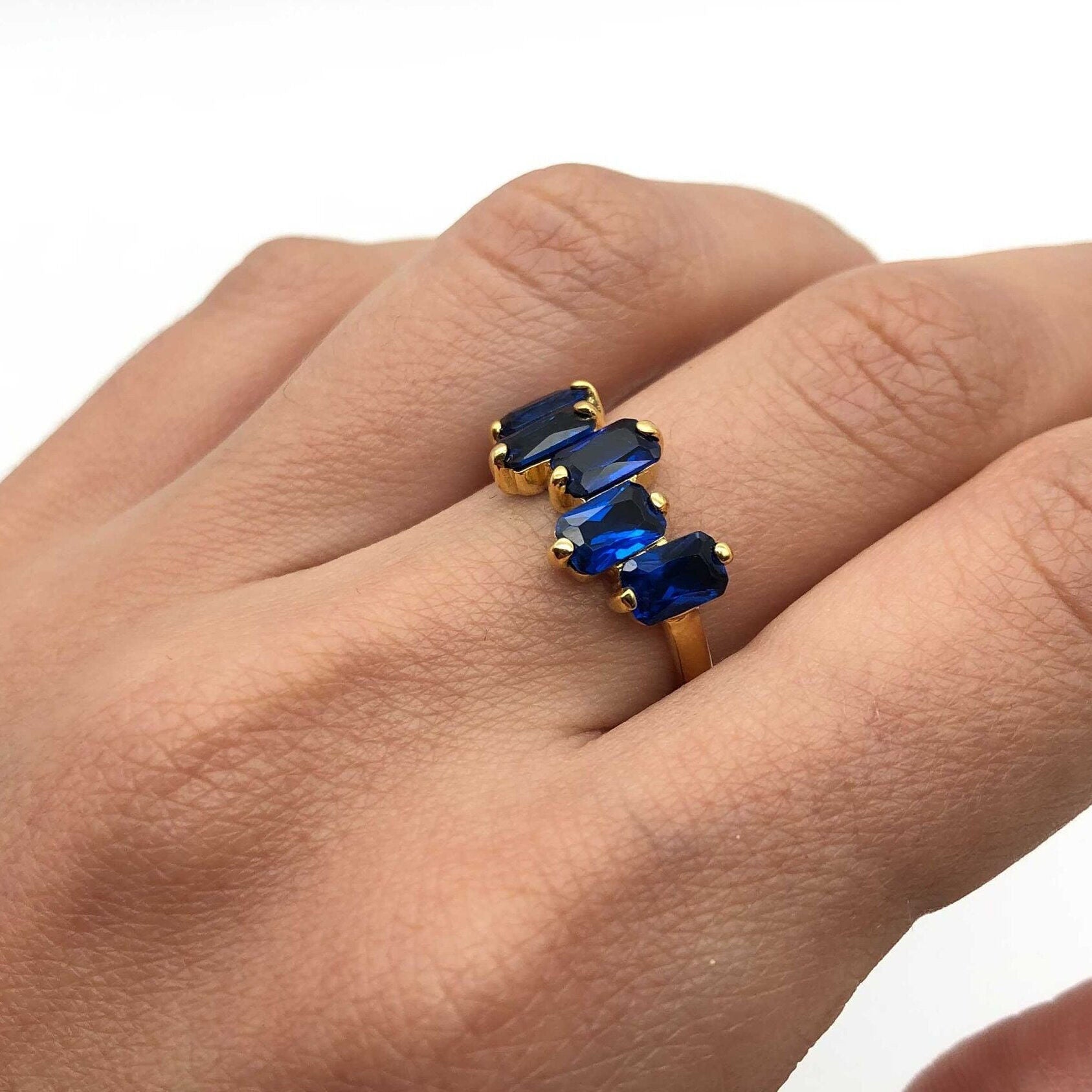 18k Gold Vermeil Cluster Ring featuring Baguette Created Blue Sapphire, September Birthstone gift for sincerity and faithfulness.