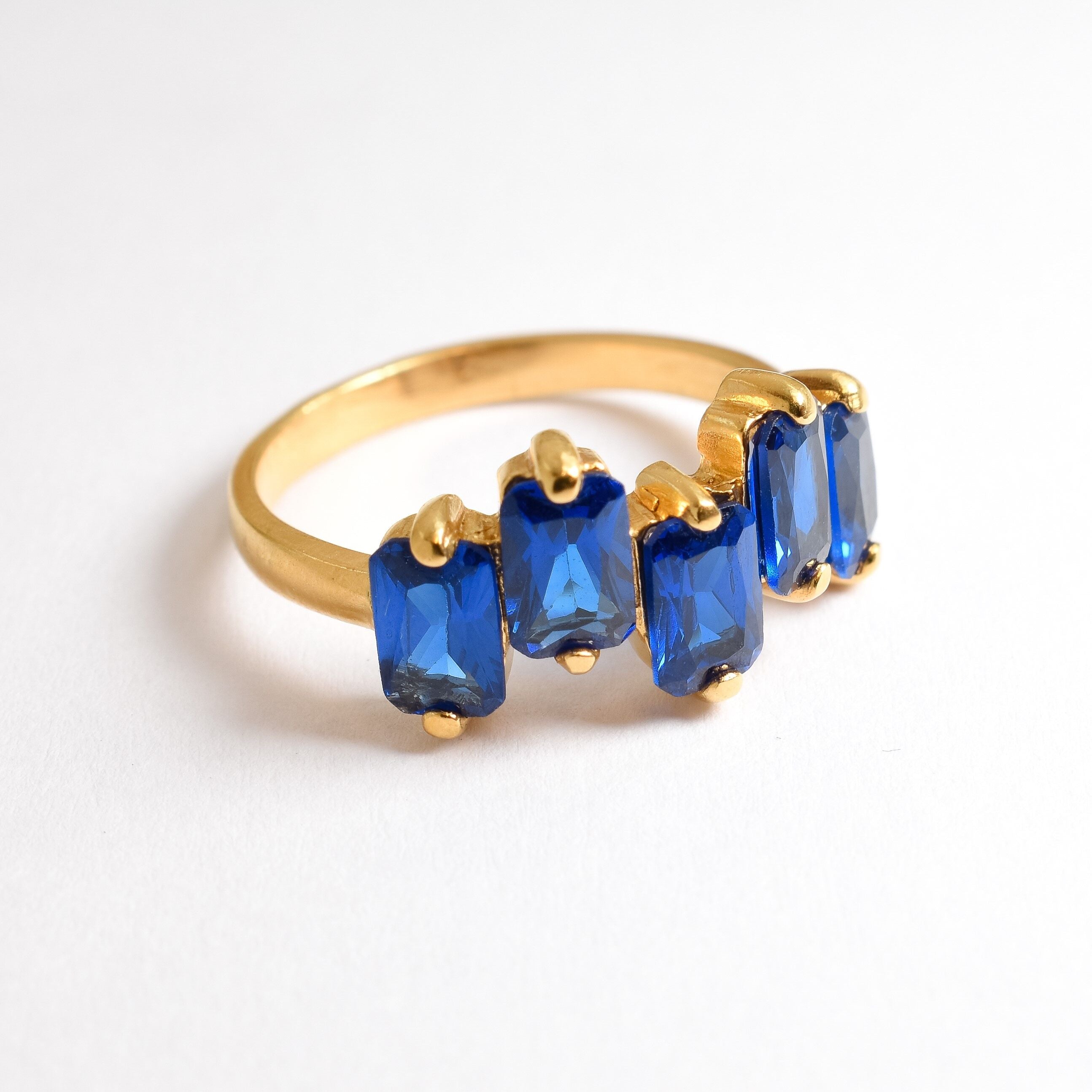 Gold Sapphire Ring, Baguette Ring, Created Sapphire, Gold Sapphire Band, Emerald Cut Ring, Gold Vermeil Ring, Blue Sapphire Ring, Blue Ring