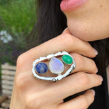 Large Boho Ring, Rainbow Moonstone Ring, Artisan Ring, Statement Ring, Big Bohemian Ring, Long Ring, Big Oval Ring, Sodalite, Chrysoprase