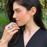 Large Boho Ring, Rainbow Moonstone Ring, Artisan Ring, Statement Ring, Big Bohemian Ring, Long Ring, Big Oval Ring, Sodalite, Chrysoprase