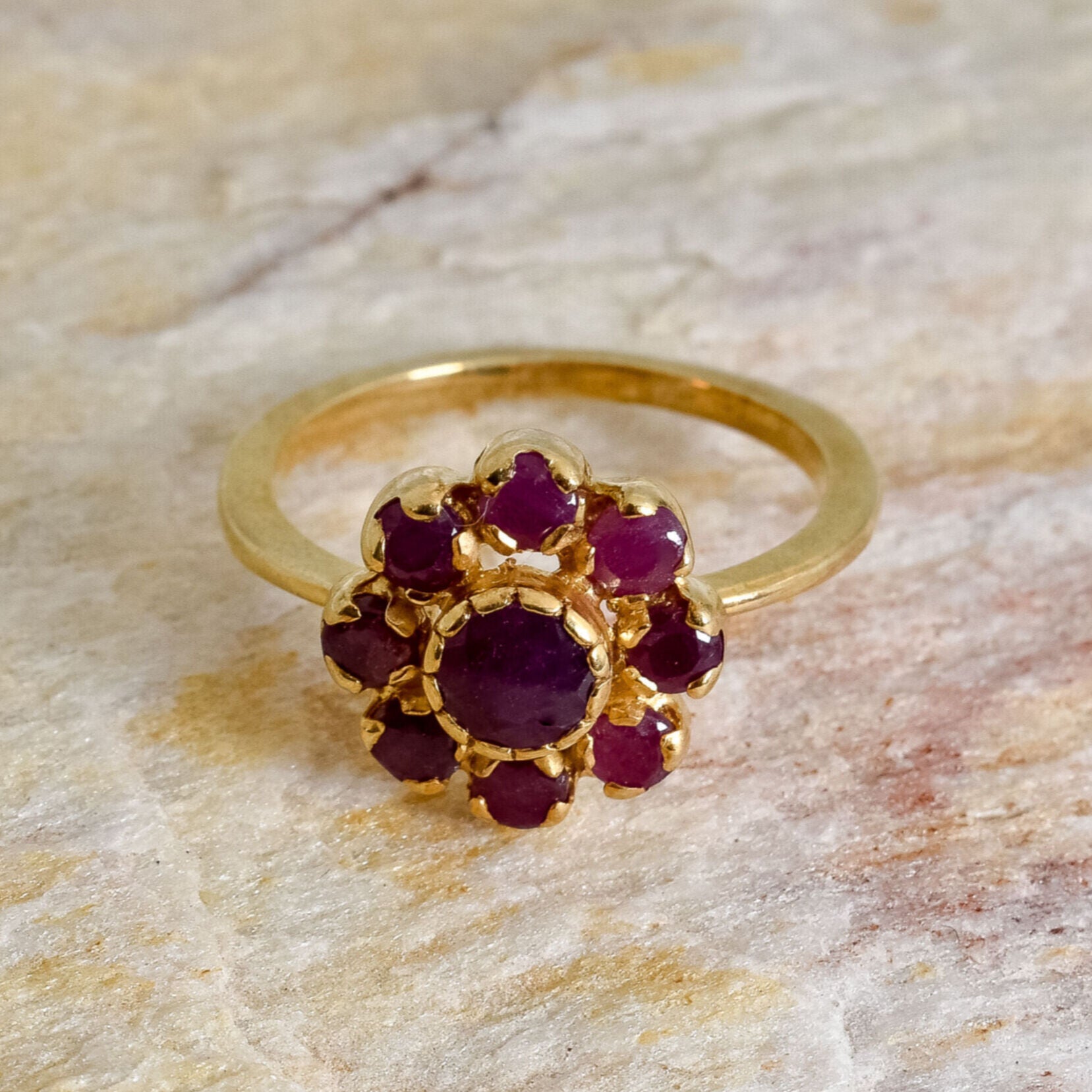 Natural Ruby Ring made in 18k Gold Vermeil with Round Natural Red Ruby in Cluster setting, July Birthstone gift idea, symbolizes nobility, purity, and passion, ideal for everyday wear and perfect for birthday gifting and special occasions.
