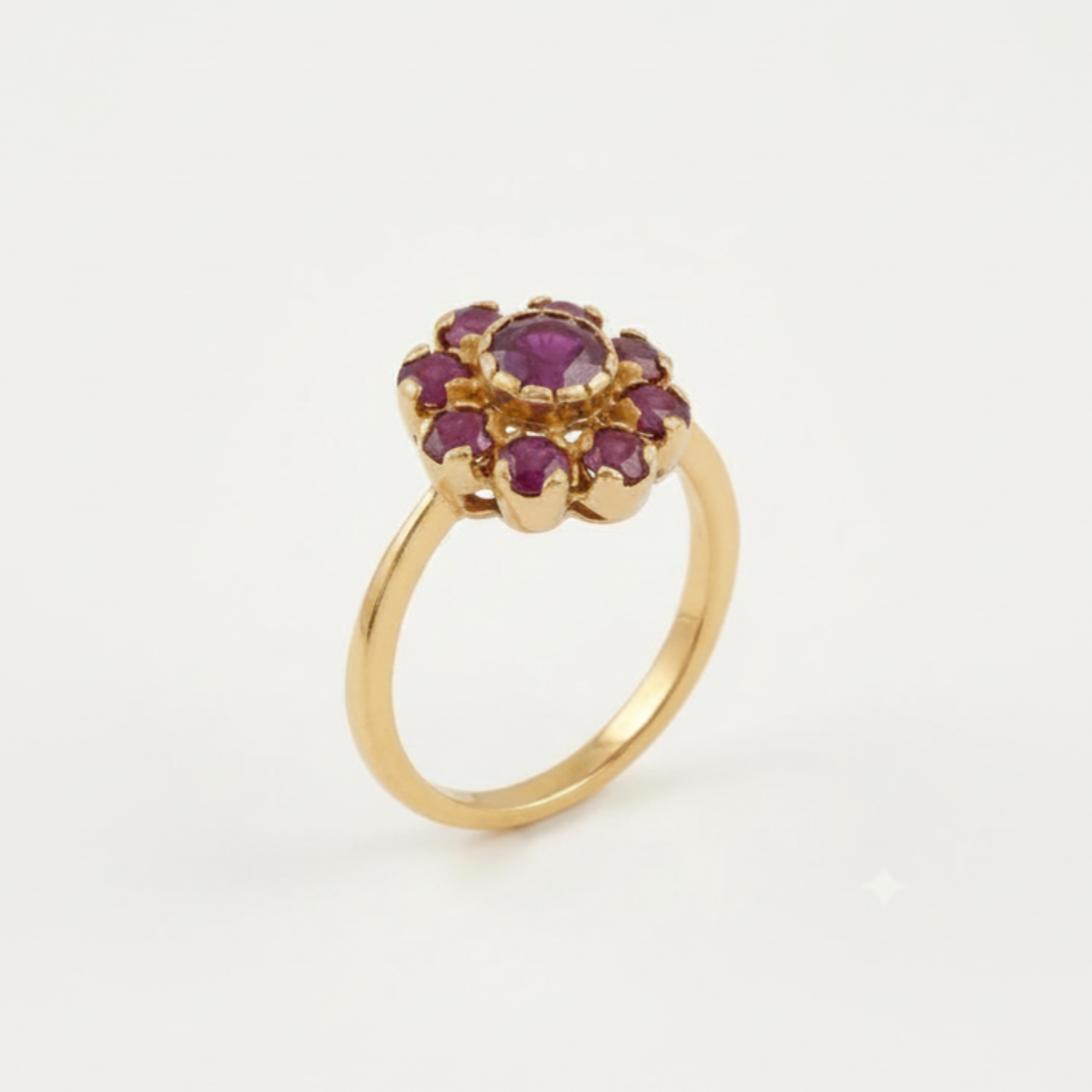 Natural Ruby Ring made in 18k Gold Vermeil with Round Natural Red Ruby in Cluster setting, July Birthstone gift idea, symbolizes nobility, purity, and passion, ideal for everyday wear and perfect for birthday gifting and special occasions.