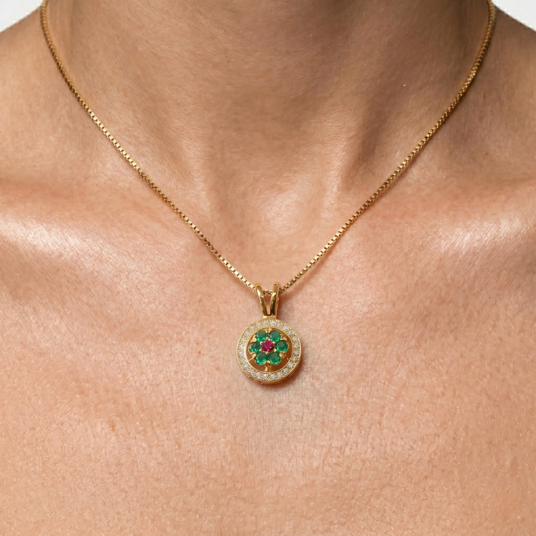Elegant 18k Gold Vermeil Emerald Pendant with Round Created Green Emerald, perfect for May birthdays and special occasions.
