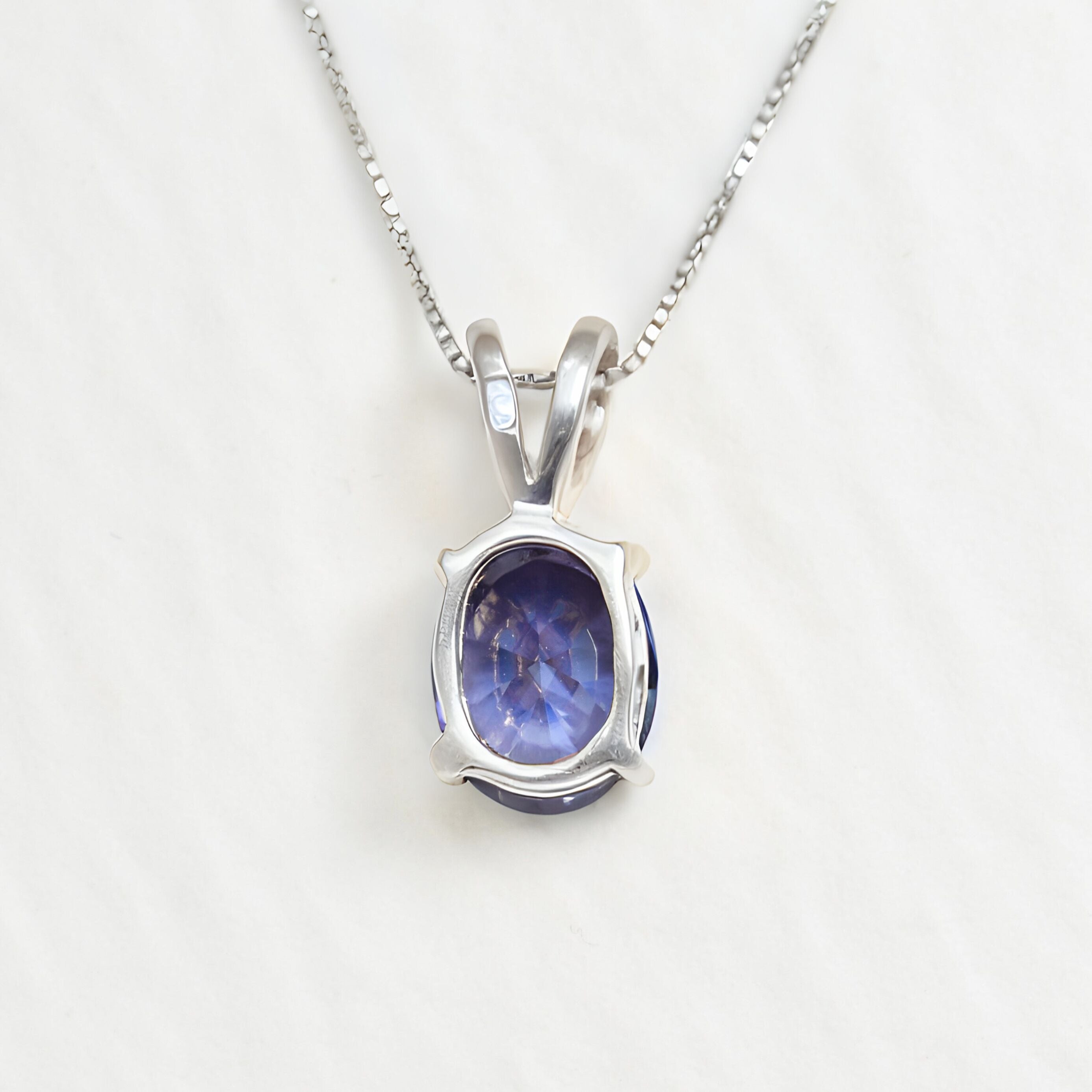 Blue Tanzanite Oval Pendant Back View in White Background