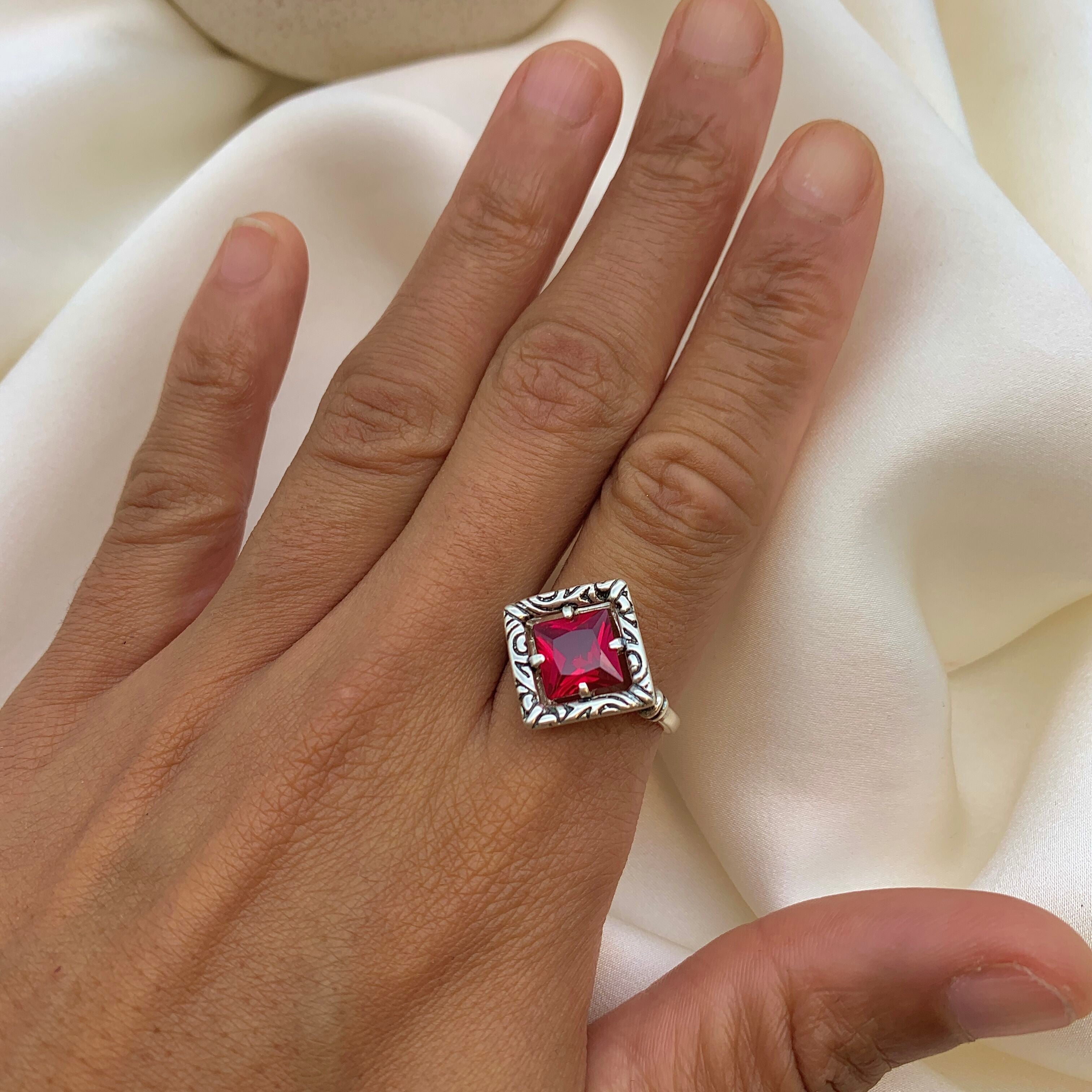 Elegant Ruby Ring in 925 Sterling Silver, featuring a square Created Red Ruby, perfect for July birthdays and special occasions.