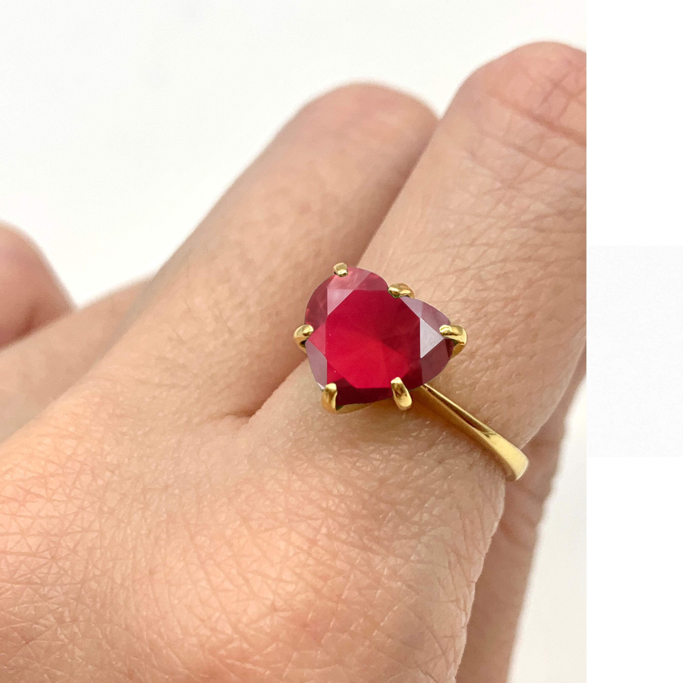 Heart Created Red Ruby Solitaire Ring in 18k Gold Vermeil, July Birthstone, symbolizes passion, perfect for everyday wear and gifts.
