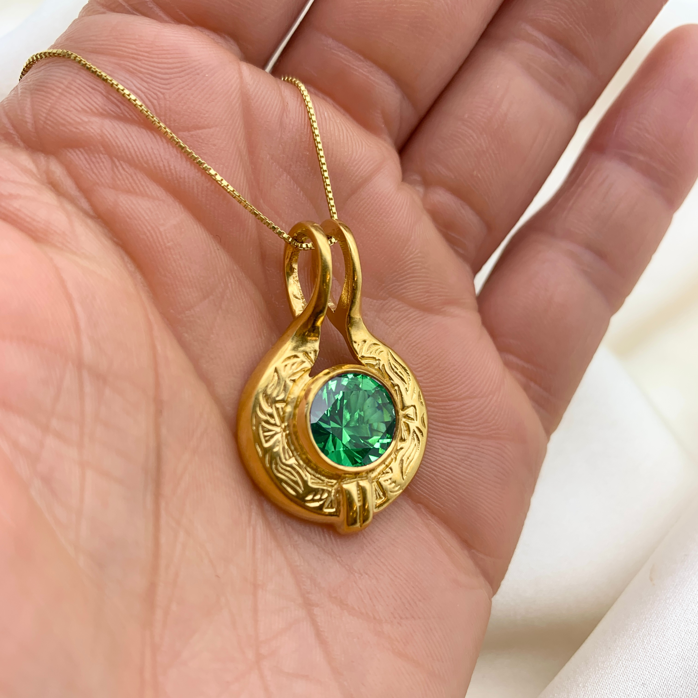 Elegant 18k Gold Vermeil Emerald Pendant with Round Created Green Emerald, perfect for May birthdays and special occasions.