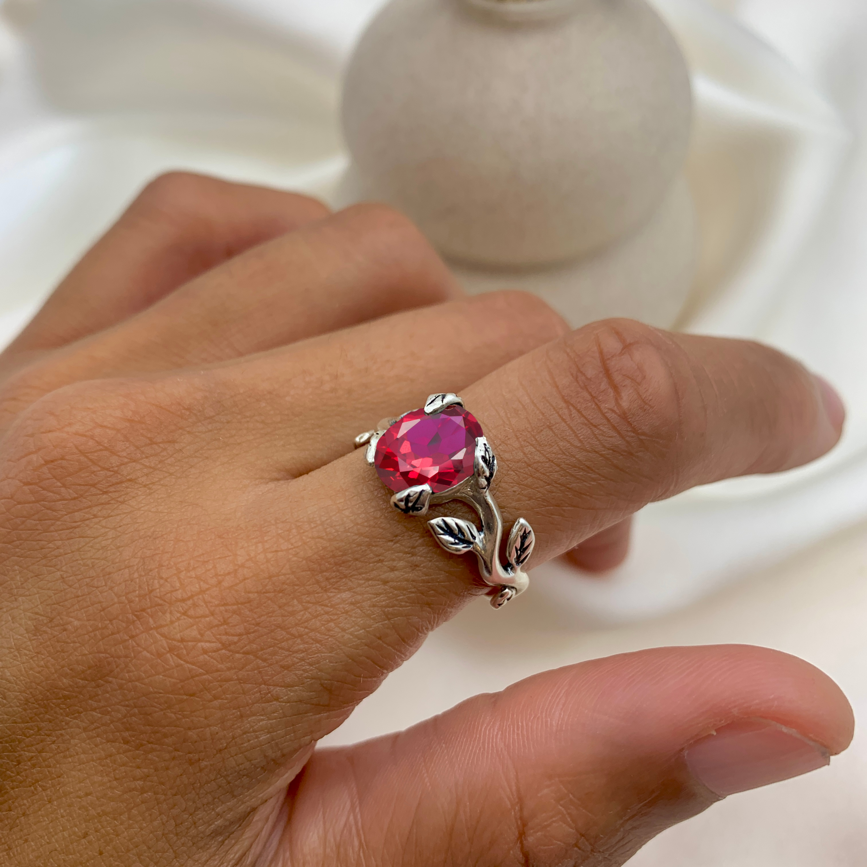 Sterling Silver Ruby Ring with Oval Created Red Ruby, stylish and meaningful July birthstone gift for any occasion.