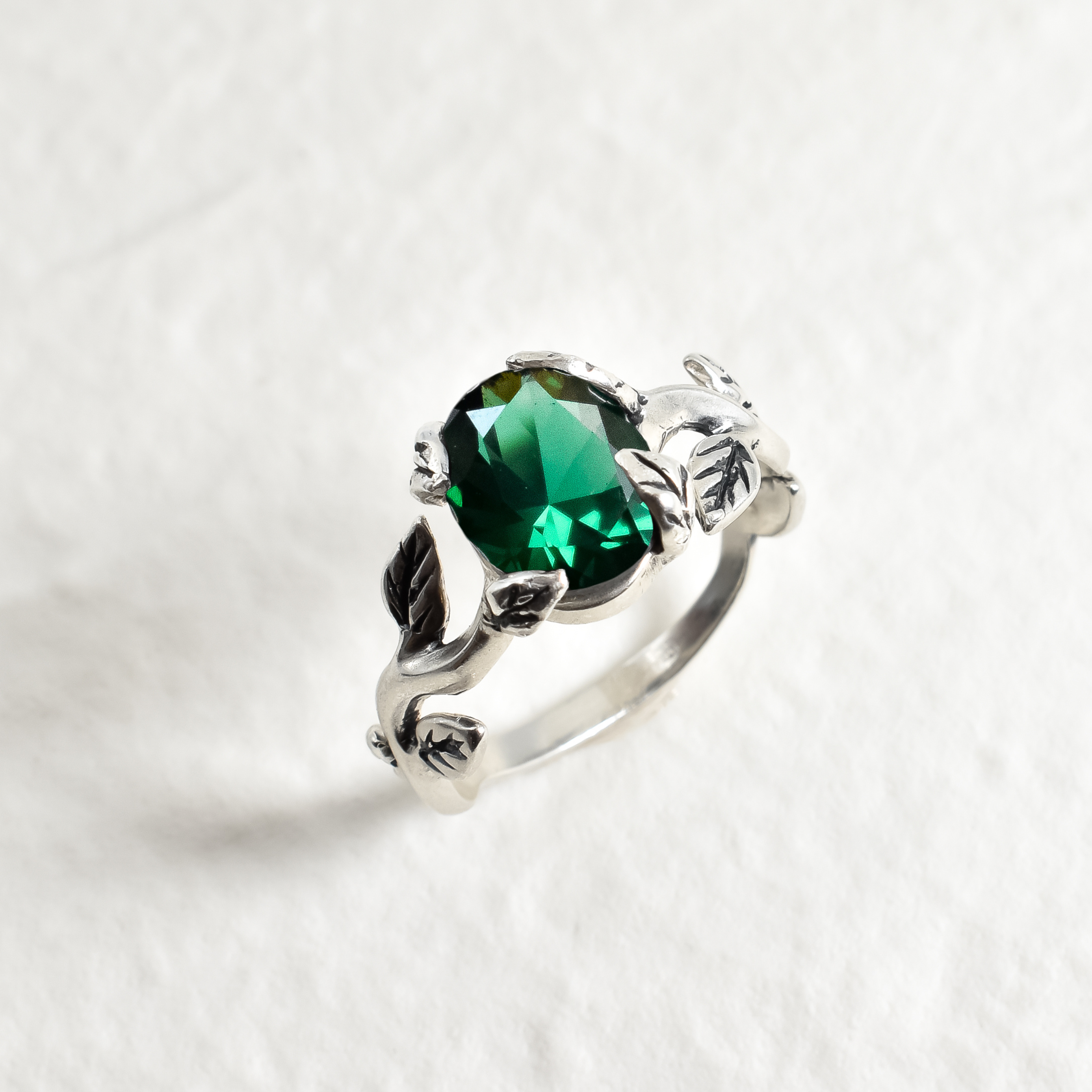 Created Emerald Ring made in 925 Sterling Silver with Oval Created Green Emerald in Prong setting, May Birthstone gift idea, symbolizes, ideal for everyday wear and perfect for birthday gifting and special occasions.