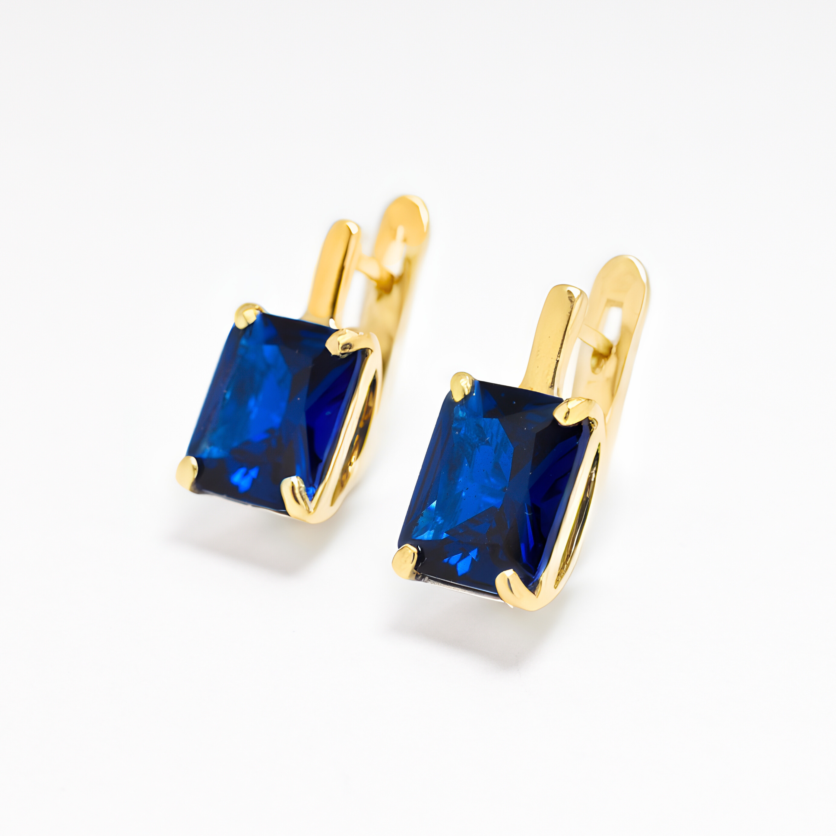 Created Sapphire Earrings made in 18k Gold Vermeil with Baguette Created Blue Sapphire in Prong setting, September Birthstone gift idea, symbolizes sincerity, truth, and faithfulness, ideal for everyday wear and perfect for birthday gifting and special occasions.