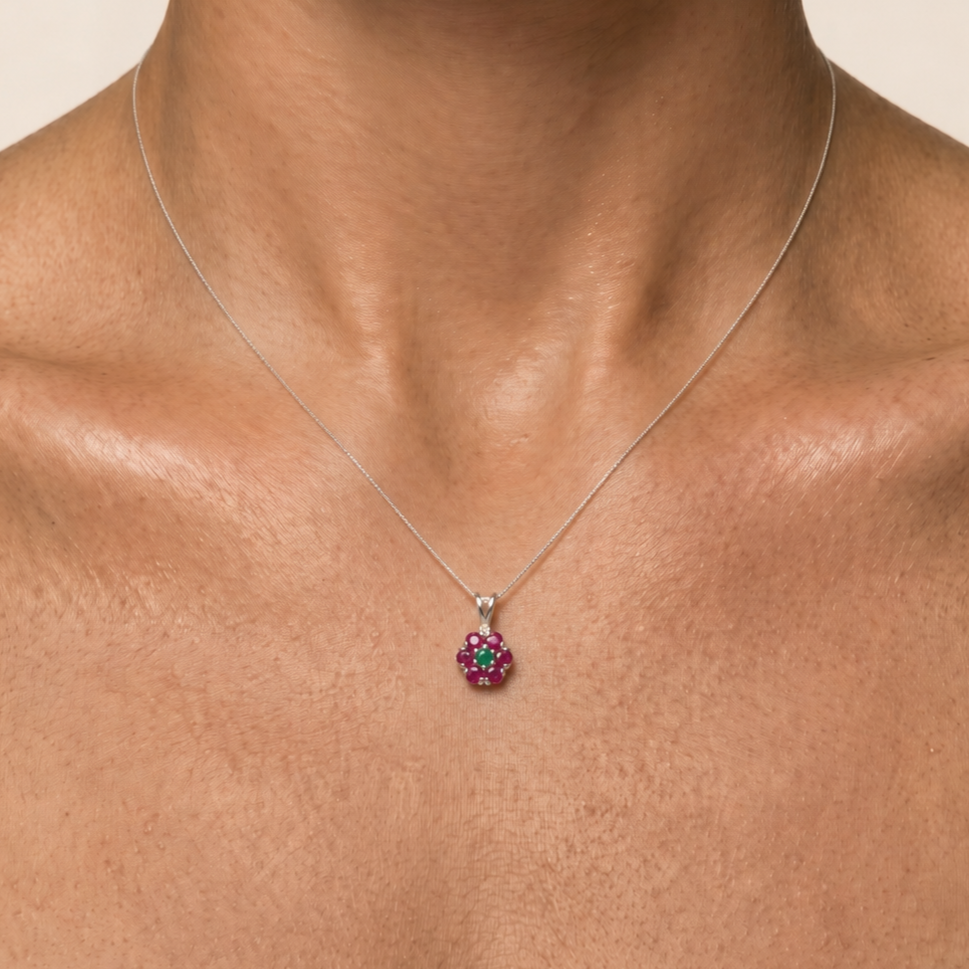 Elegant 925 Sterling Silver Ruby Pendant, featuring a vibrant Cluster setting, perfect as a July Birthstone gift for special occasions.
