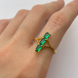 Elegant 18k Gold Vermeil Emerald Ring with three-stone setting, perfect for birthdays and special occasions.