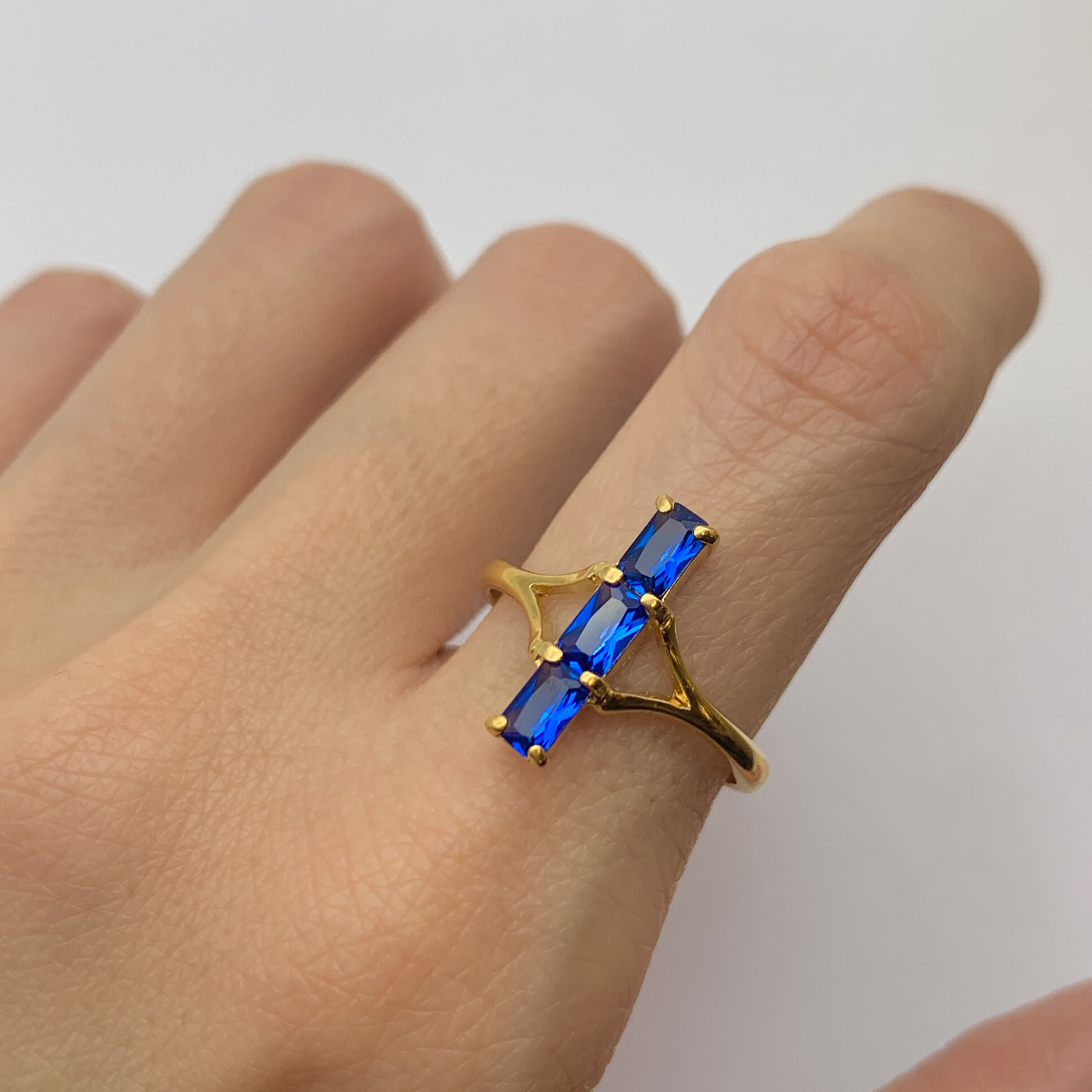 Sapphire Ring in 18k Gold Vermeil, featuring a Baguette Created Blue Sapphire, a perfect September birthday gift.