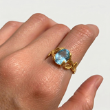 Gold Aquamarine Ring - Vintage Oval Ring - Blue Leaves Ring