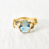 Gold Aquamarine Ring - Vintage Oval Ring - Blue Leaves Ring