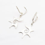 Spiral Sun Earrings, Silver Drop Earrings, Sun Swirl Earrings Back View in White Background